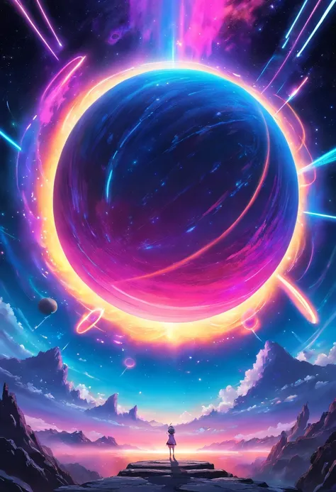 a wide-angle shot of a neon planet with rings, set against a backdrop of stars and nebulae, creating a stunning futuristic space vista