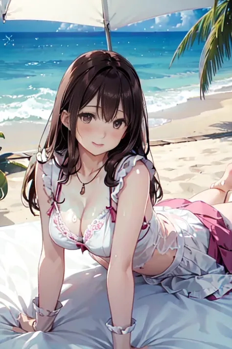 (High quality, High resolution, Fine details, Realistic), Long Wave Hair、dark brown hair、earliest necklace、white  shirt、flered skirt,wet costume、 rays of sunshine, Solo,  Woman, Sparkling eyes, Shy laughter,Kamimei、 blush, Large breasts,  Oily skin, Shallo...