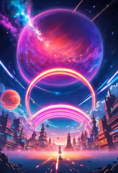 a wide-angle shot of a neon planet with rings, set against a backdrop of stars and nebulae, creating a stunning futuristic space vista