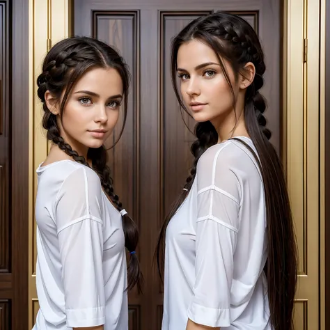 Theres are Europeans twins sisters in front of the main door, adult women, back to back, in casual clothes, white top with neckline, one with cute face and braided hair, one with naughty face and long curved hair, big chest, dark hair, long hair, very deta...