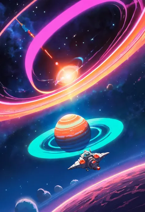 a high-angle shot of the neon planet and its rings from a distance, with a spaceship or astronaut in the frame, emphasizing the scale and vastness of the space environment