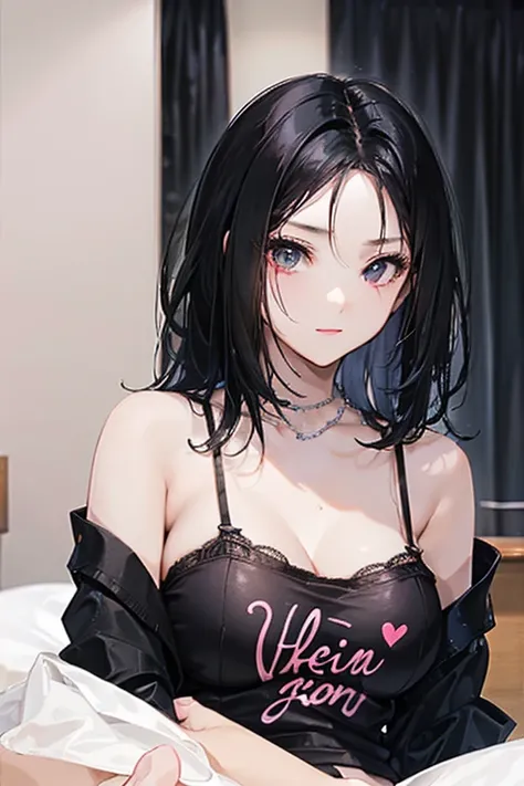 black hair, black eyes, sexy, large breasts, pink lingerie, pink underwear, a hotel bedroom