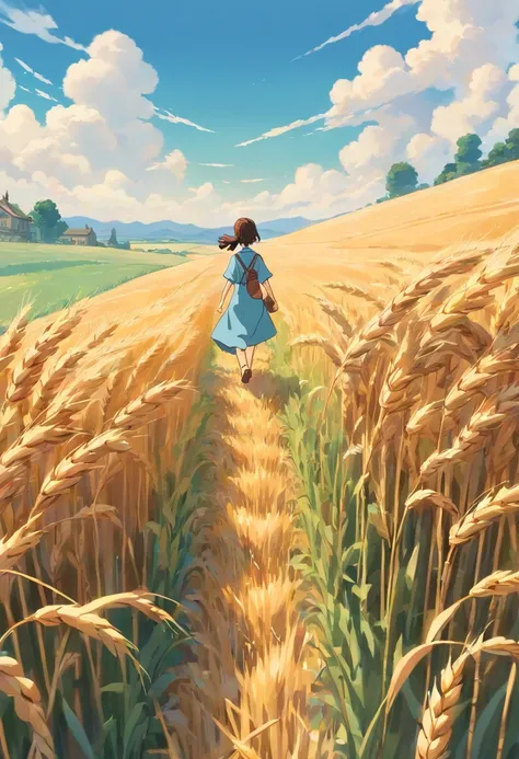 a lifestyle shot of a person walking through a wheat field, surrounded by the tall stalks, capturing the sense of being immersed in the beauty of nature