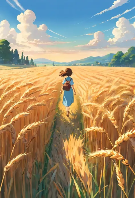 a lifestyle shot of a person walking through a wheat field, surrounded by the tall stalks, capturing the sense of being immersed in the beauty of nature