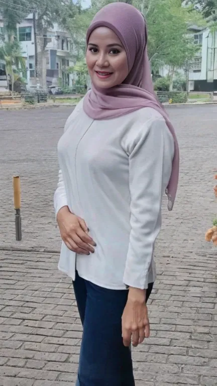 57 Years old, Female, Disco club owner, Hijab Indonesian Mature Woman, Wearing Casual dress, wearing Silver Lace, Realistic wrinkels face, realistic wrinkels breast, Realistic Ultra Gigantic Breast, Breast About to Burst out, PP cup Breast, Seducting Look....