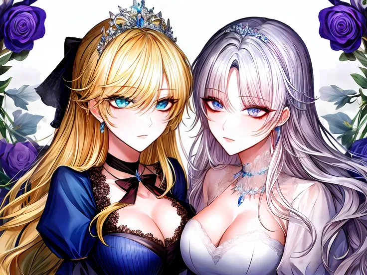 shoujo-style, (floral background), romance manhwa, (2girls:1.2), (aligned), silver hair, blonde hair, solo, long hair, flower, dress, (tiara), white dress, gloves, long sleeves, choker, mascara, makeup, white gloves, black bow, black flower, wavy hair, bow...