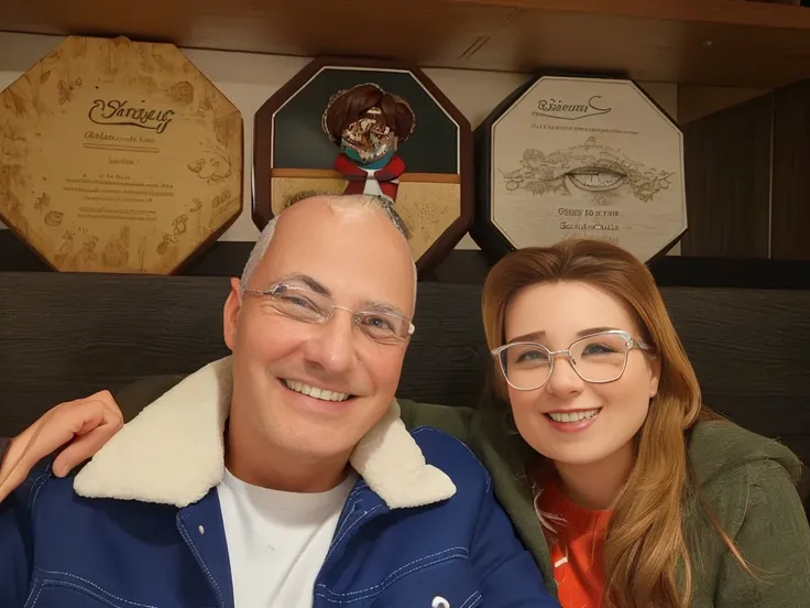 Um Casal com um homem careca de olho azul com um sorriso aparecendo os dentes e a mulher loira de oculos olhos castanhos grades bochechas e sorrindo