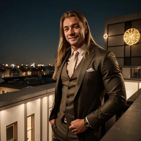 Bodybuilder mit blonden langen Haaren und bart, braunen Augen in einem Anzug auf einem Dach, who celebrates the new year and smiles