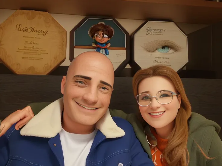 Um Casal com um homem careca de olho azul com um sorriso aparecendo os dentes e a mulher loira de oculos olhos castanhos grades bochechas e sorrindo