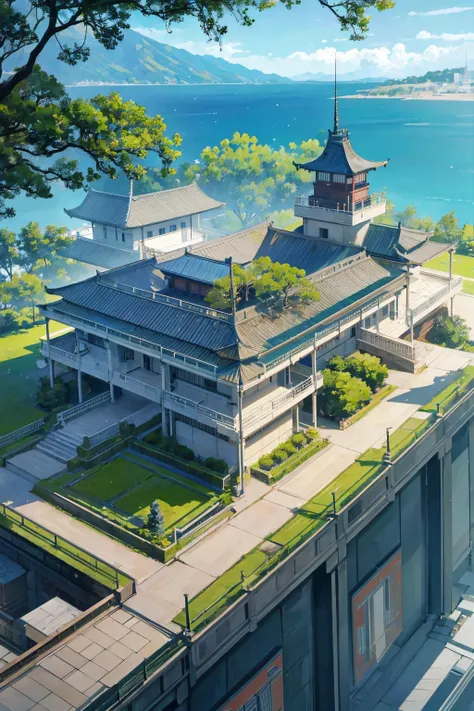 Large Japanese building with green space throughout...,present, Looking to the future, sci-fi,It came out beautifully....,master-piece,View from above,You can see the entire area of the castle....,The castle is located near the city....,The sea, big deer,n...