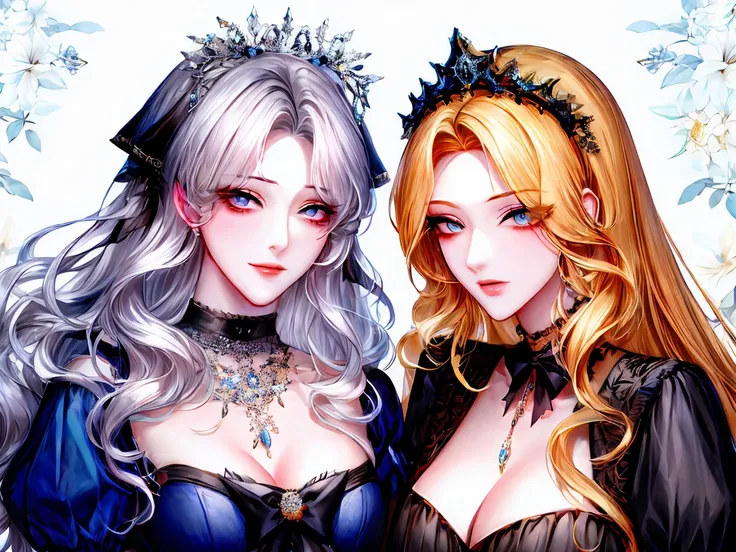 shoujo-style, (floral background), romance manhwa, (2girls:1.2), (aligned), silver hair, blonde hair, solo, long hair, flower, dress, (tiara), white dress, gloves, long sleeves, choker, mascara, makeup, white gloves, black bow, black flower, wavy hair, bow...