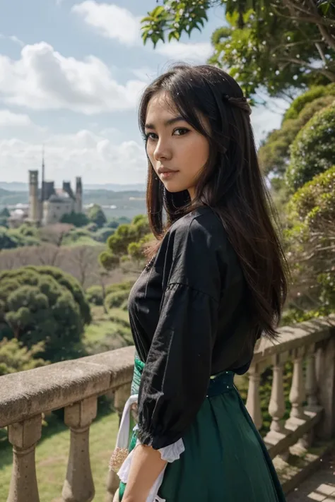 Mulher japonesa de costas, cabelo preto (threads fluttered by the wind) em frente em um castelo cristalizado com uma campo verde e aberto ao fundo.