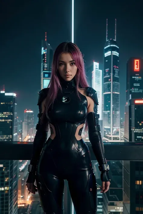 Desenvolva uma imagem de capa que retrate uma mulher deslumbrante, incorporando elementos de estilo futurista, cyberpunk e anime. Coloque-a em meio a uma cidade luminosa e futurista, where neons and skyscrapers create an immersive atmosphere. Destaque os d...