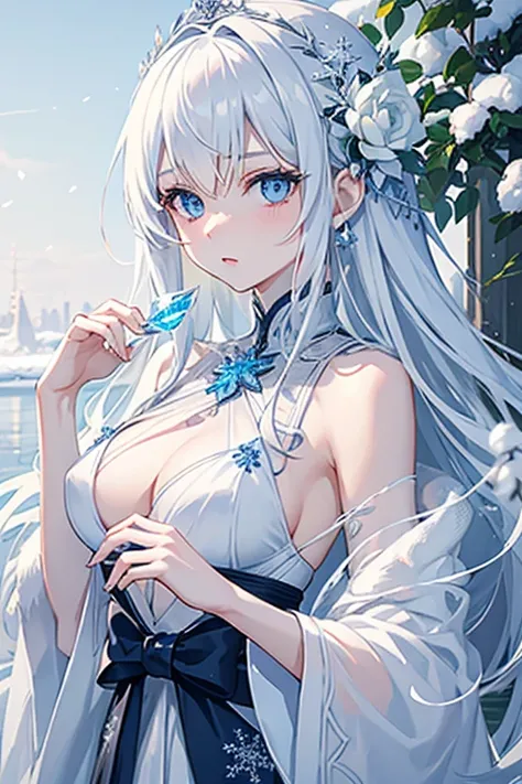 masutepiece, ighly detailed, Ultra-detailed, Cold, Solo, (1girl in), (pale skin), Icy Blue Eyes, Frosty white hair, Cool characters, Flat face, young  woman, Lady Chara, medium boobs, proud, which are full of confidence, Cold face, Goddess, Cool Kuudere Gi...