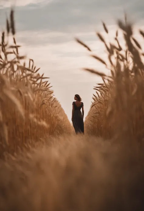 a lifestyle shot of a person walking through a wheat field, surrounded by the tall stalks, capturing the sense of being immersed in the beauty of nature