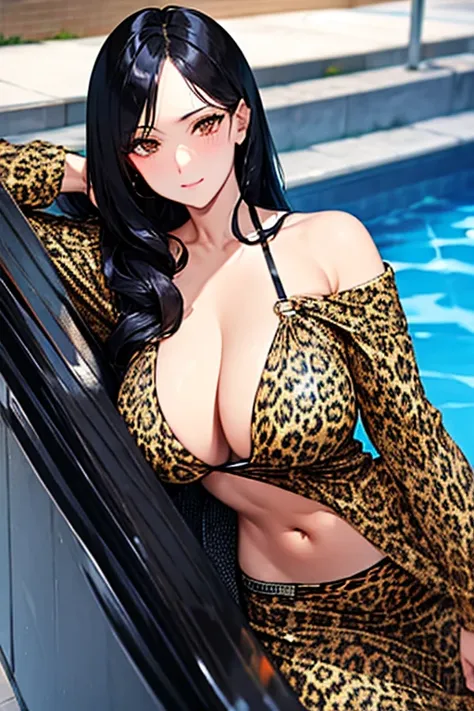 Black hair, brown eyes, sexy , large breasts, a leopard print lingerie, a leopard print underwear, a hotel swimming pool