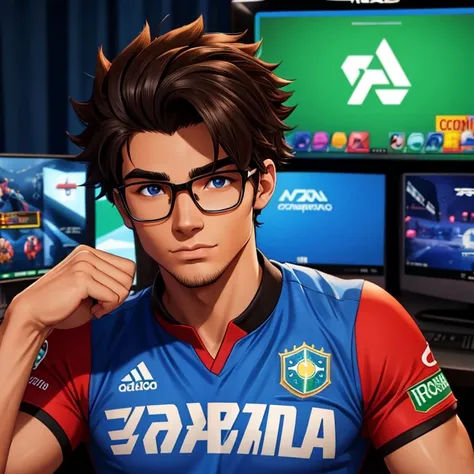 "Portray a 30-year-old Brazilian nerd and gamer from Rio de Janeiro in English, emphasizing the physical traits typical of a Brazilian. Explore features such as skin tone, hair, and facial characteristics, while also delving into his passion for gaming and...