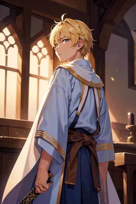 a blond, Miso, Brown eyes, (A masterpiece:1.2), Best Quality, high resolucion, Unity 8k wallpaper, (Illustration:1.0), beautiful detail, Extremely detailed, 18-year-old boy, Back lighting, glittering, medieval village_Background with, weapons_sword, light ...