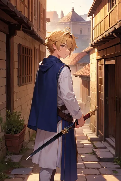 a blond, Miso, Brown eyes, (A masterpiece:1.2), Best Quality, high resolucion, Unity 8k wallpaper, (Illustration:1.0), beautiful detail, Extremely detailed, 18-year-old boy, Back lighting, glittering, medieval village_Background with, weapons_sword, light ...