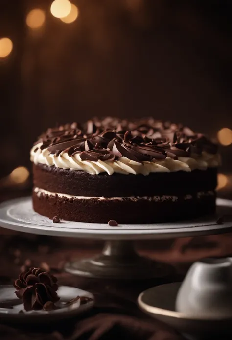 a close-up shot of a slice of chocolate cake, focusing on the layers of moist cake, creamy frosting, and any decorative elements like chocolate curls or sprinkles