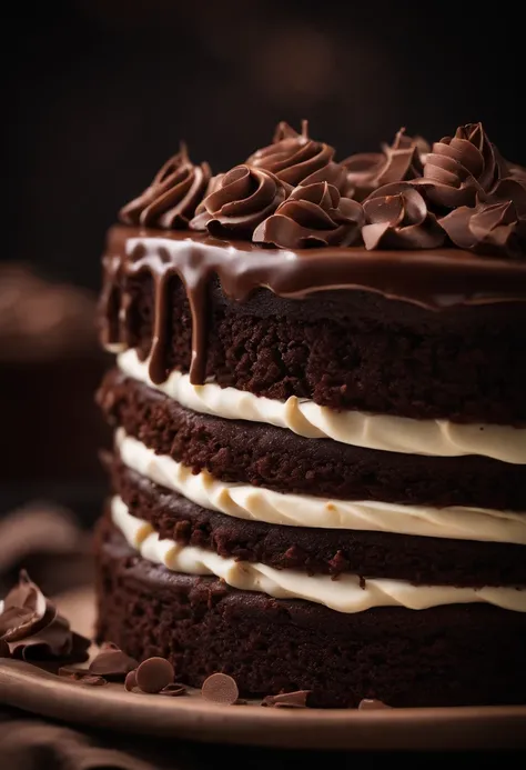 a close-up shot of a slice of chocolate cake, focusing on the layers of moist cake, creamy frosting, and any decorative elements like chocolate curls or sprinkles