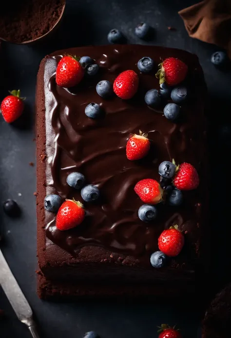 a top-down shot of a whole chocolate cake, showcasing its rich, dark brown color, smooth surface, and any decorative toppings such as berries or powdered sugar.