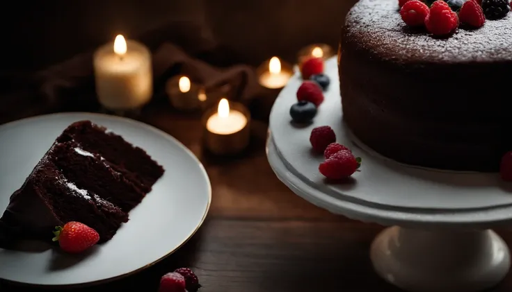 a top-down shot of a whole chocolate cake, showcasing its rich, dark brown color, smooth surface, and any decorative toppings such as berries or powdered sugar.