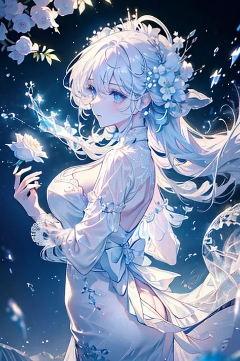 Paradise in Heaven, White lighting,(masutepiece), (Best Quality), (Cinematic), 8K, (art  stations), Li Yue painting style.(長いWhite hairとSilvery eyesを持つ1人の女), (Beautiful delicate face)、[ Particle Lou Full Moon] [Frozen trees々] [landscape crystal] [Lighting]...