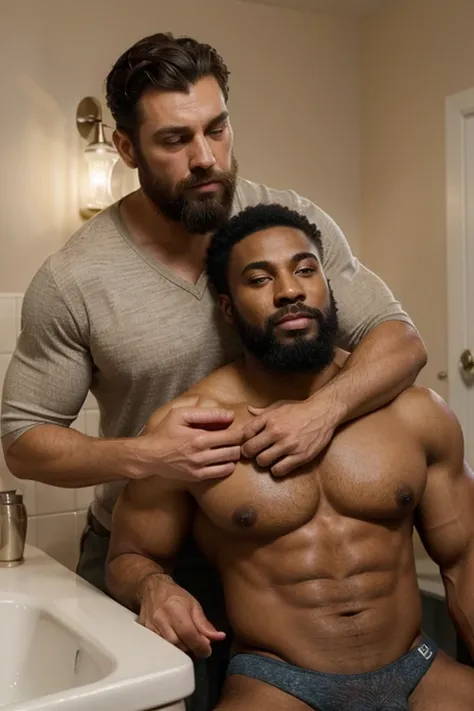 (best quality, ultra-detailed, realistic:1.37), HDR, studio lighting, extremely detailed daddy and son, tight-knit bond, muscular physique, age gap, expressive eyes, bearded faces, confident and affectionate expressions, black skin, natural hairstyles, wel...