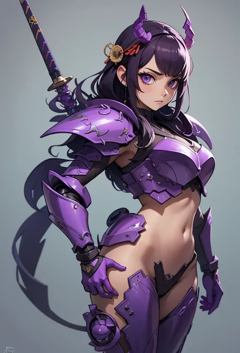 (Detailed illustrations,Very detailed and detailed drawing,Delicate lines with slow and rapid,Realistic texture expression),[Color tressed main line],(Fantasy World Battlefield Background [Burning castle]),(GIRL ROBOT 16yo (purple scorpion[METALFACE]) (SKI...