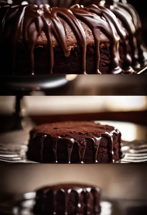 a high-resolution shot of a chocolate cake with a molten chocolate center, highlighting the oozy, decadent filling and the contrast with the cake itself