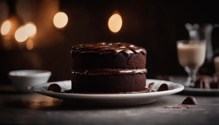 a high-resolution shot of a chocolate cake with a molten chocolate center, highlighting the oozy, decadent filling and the contrast with the cake itself