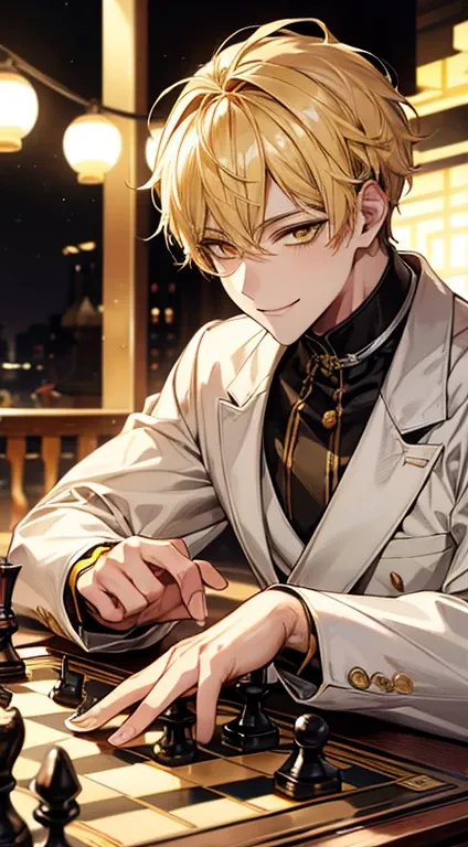 man 1、yellow short hair, long yellow eyelashes、Handsome man with yellow eyebrows and yellow expressive eyes, Smiling, Yellow eyes、细致背景、Chess player