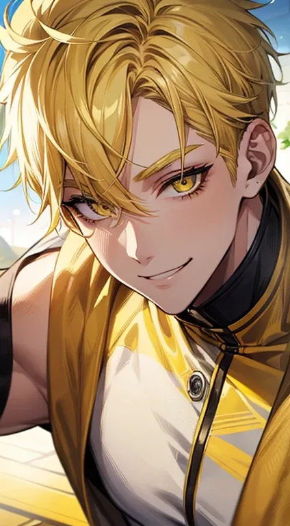 man 1、yellow short hair, long yellow eyelashes、Handsome man with yellow eyebrows and yellow expressive eyes, Smiling, Yellow eyes、细致背景、trainers