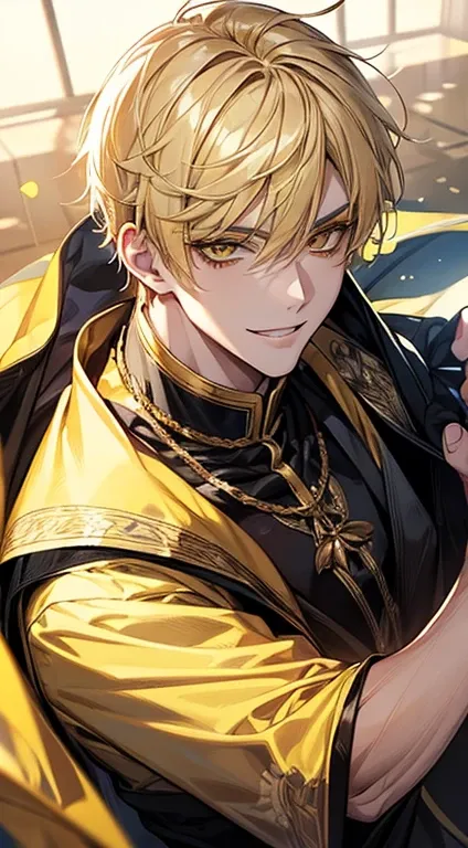 man 1、yellow short hair, long yellow eyelashes、Handsome man with yellow eyebrows and yellow expressive eyes, Smiling, Yellow eyes、细致背景、sorcerer