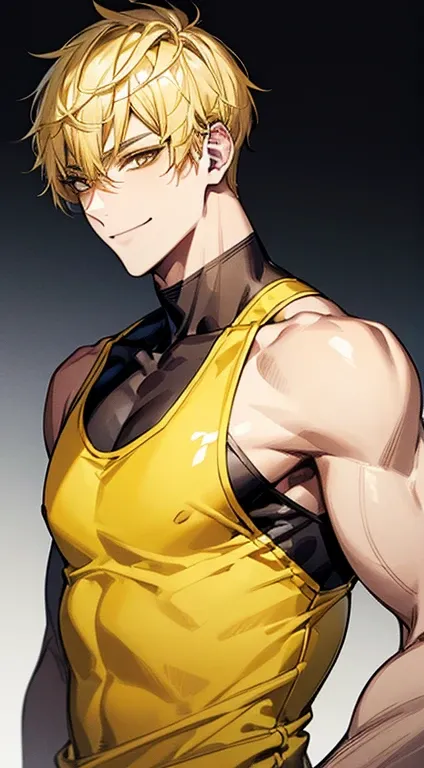 man 1、yellow short hair, long yellow eyelashes、Handsome man with yellow eyebrows and yellow expressive eyes, Smiling, Yellow eyes、细致背景、Tank tops