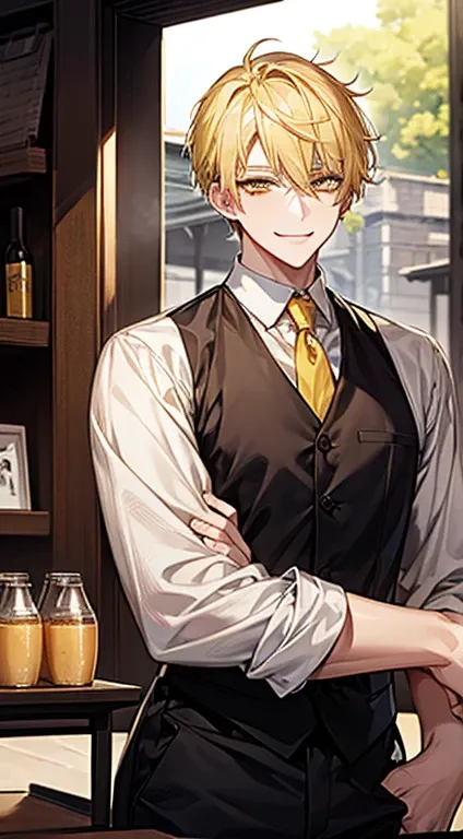 man 1、yellow short hair, long yellow eyelashes、Handsome man with yellow eyebrows and yellow expressive eyes, Smiling, Yellow eyes、细致背景、barista