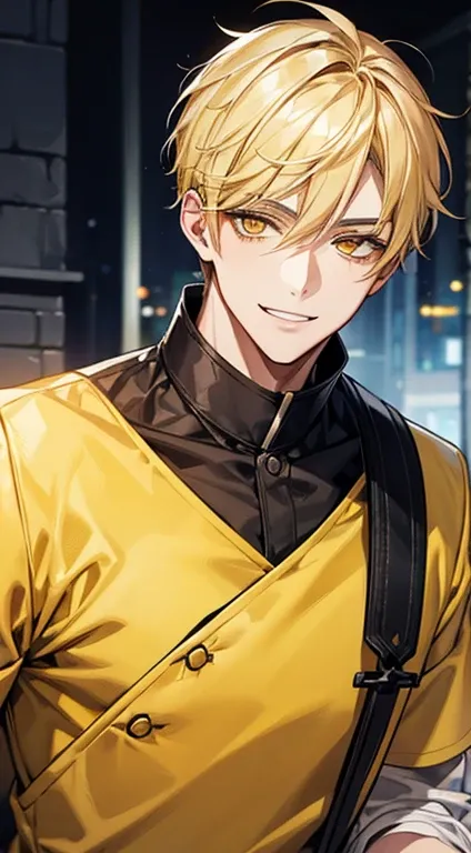 man 1、yellow short hair, long yellow eyelashes、Handsome man with yellow eyebrows and yellow expressive eyes, Smiling, Yellow eyes、细致背景、police officers