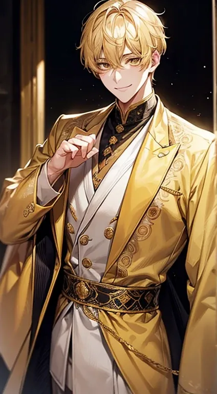 man 1、yellow short hair, long yellow eyelashes、Handsome man with yellow eyebrows and yellow expressive eyes, Smiling, Yellow eyes、细致背景、Royal formal attire