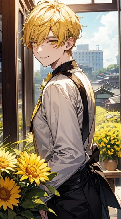 man 1、yellow short hair, long yellow eyelashes、Handsome man with yellow eyebrows and yellow expressive eyes, Smiling, Yellow eyes、细致背景、Flower shop