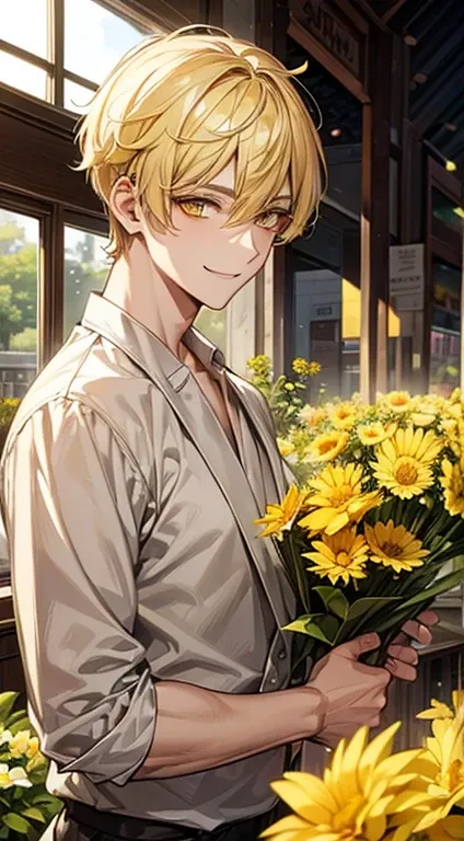 man 1、yellow short hair, long yellow eyelashes、Handsome man with yellow eyebrows and yellow expressive eyes, Smiling, Yellow eyes、细致背景、Flower shop