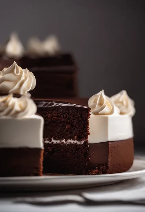 a minimalistic shot of a single slice of chocolate cake against a clean, white backdrop, allowing the rich color and texture of the cake to be the focal point