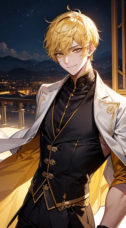 man 1、yellow short hair, long yellow eyelashes、Handsome man with yellow eyebrows and yellow expressive eyes, Smiling, Yellow eyes、细致背景、magician