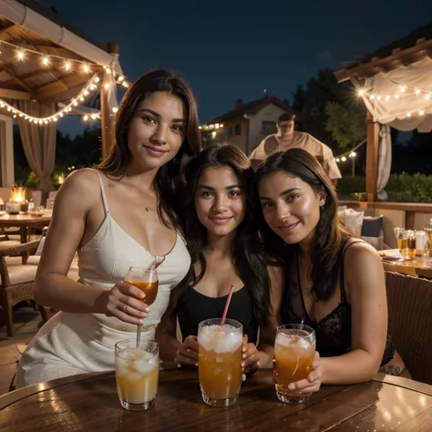 Portrait of Isabella and group: stunning woman with parents, (terrace: 1-2), smiling (girls: 1-1) (boys: 1-4), toasting, (Camera: 1-7) (mug: 1- 5) (drink: 1-9), fireworks. This masterpiece is of the finest quality, ultra-detailed and perfect for an 8k HDR ...