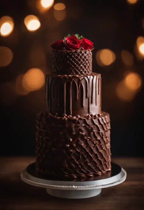 a creative shot of a chocolate cake with a unique design, such as a drip cake, ombre effect, or intricate piping work, showcasing the artistry and craftsmanship involved