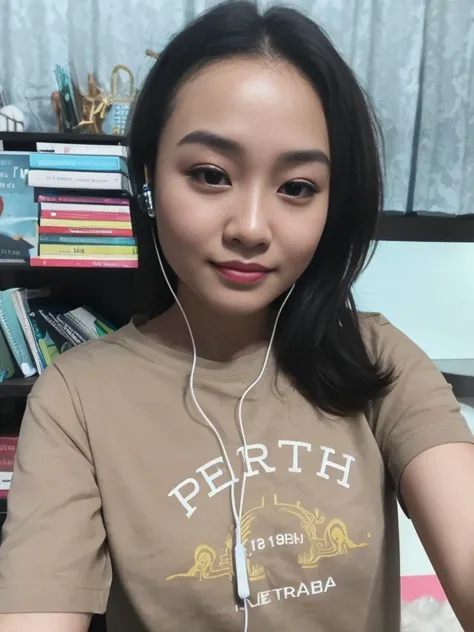 woman with headset on sitting in front of a book shelf, 2 7 years old, with head phones, with accurate face, 2 8 years old, south east asian with round face, 2 9 years old, potrait, profile picture, with short hair, selfie photo, hard lighting!, 8k selfie ...