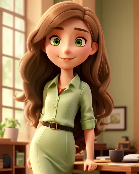 A young woman, 25 years old, with long and straight light brown hair, large green eyes, a slender nose, delicate face, full body, wearing a feminine business outfit, high quality.