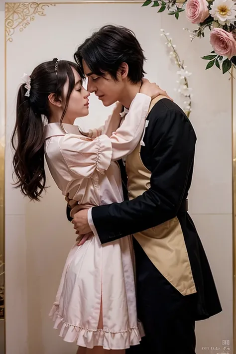 a film poster of a couple hugging each other in front of a castle, manhwa, shoujo romance, aristocratic, the flower prince, castle scene manga, delicate androgynous prince, cover manga, steam romance, romance novel cover, bloom. fantasy, sakimichan and fra...