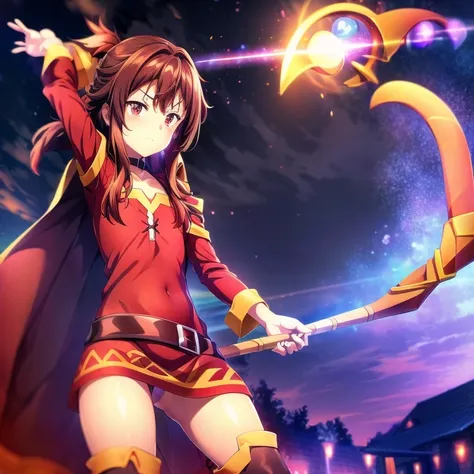 megumin, magical explosion, fiery red hair, detailed eyes, staff in hand, confident and determined expression, black cloak billo...