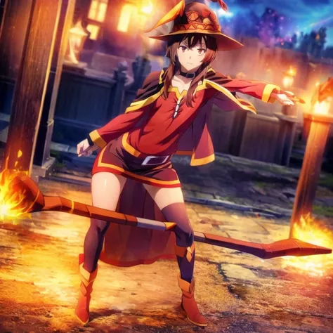 megumin, magical explosion, fiery red hair, detailed eyes, staff in hand, confident and determined expression, black cloak billo...